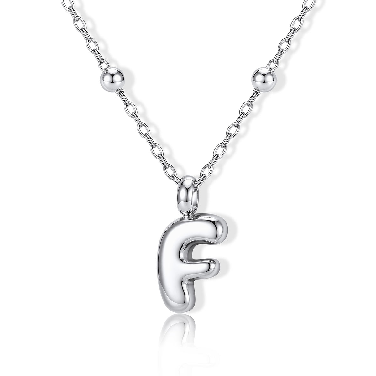 Bubble Initial F Necklace for Women on a white background
