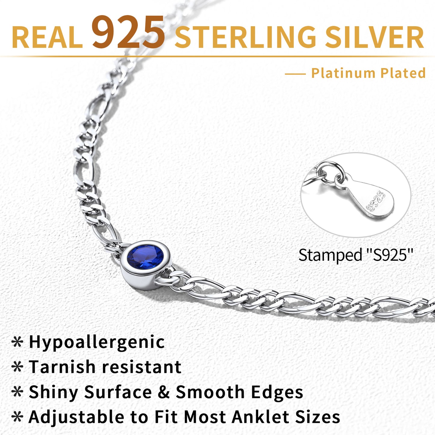 Birthstone Anklet Sterling Silver Figaro Chain Anklet