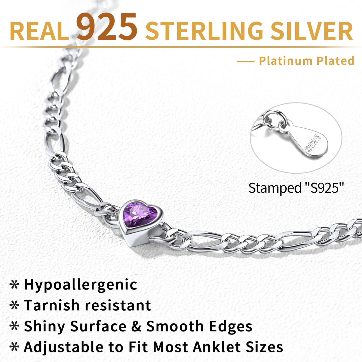 Sterling Silver Heart Birthstone Figaro Chain Anklet