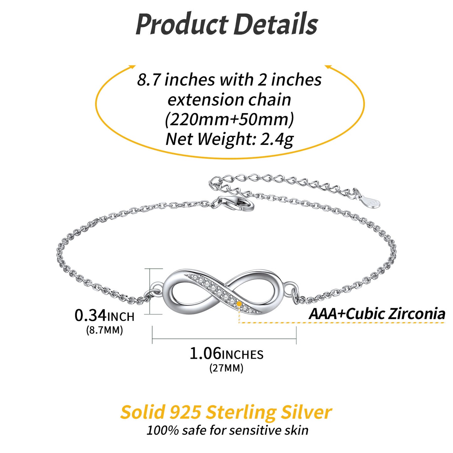Bracelet de cheville Infinity en argent sterling pour femme avec zircone cubique