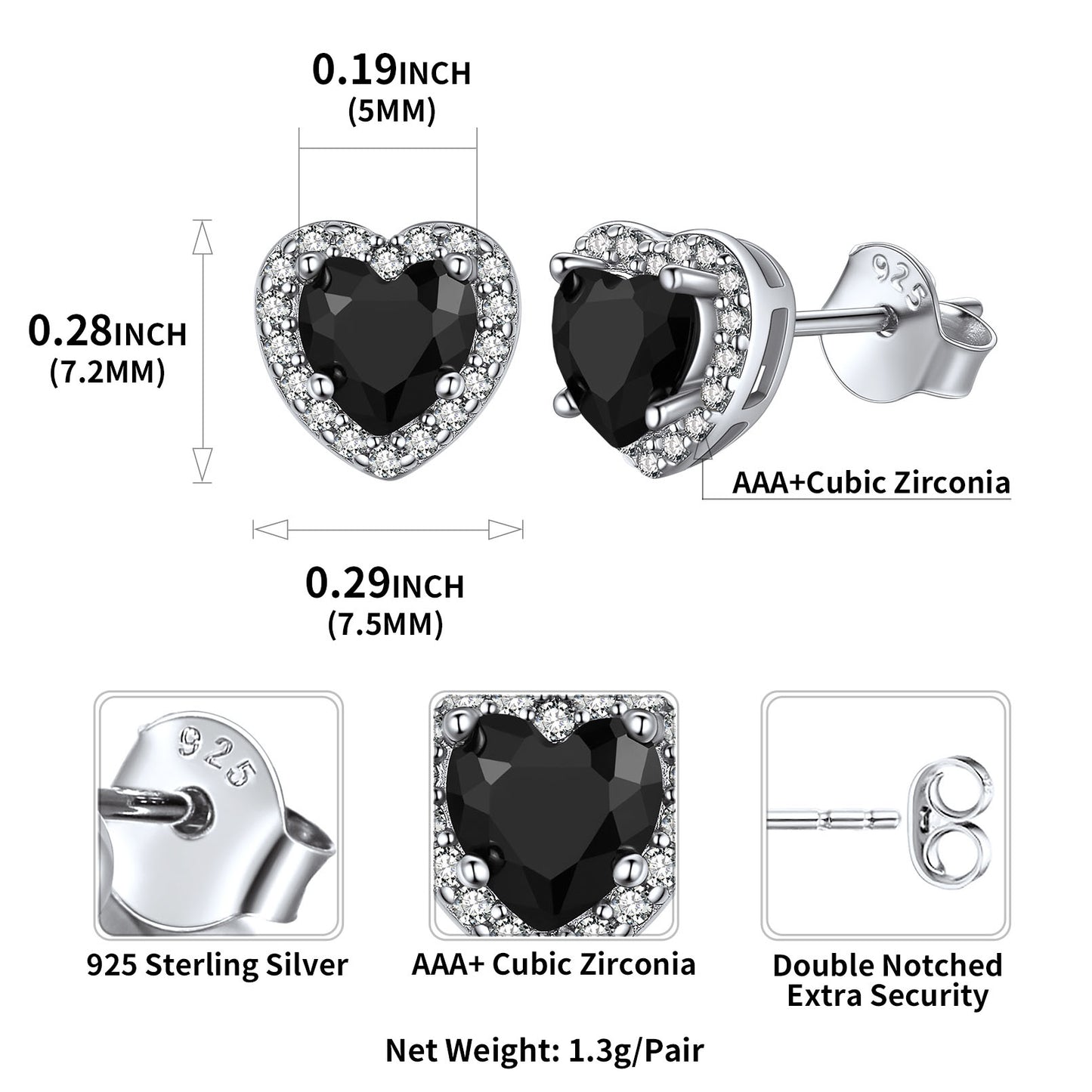 Sterling Silver Black Cubic Zirconia Heart Halo Stud Earrings
