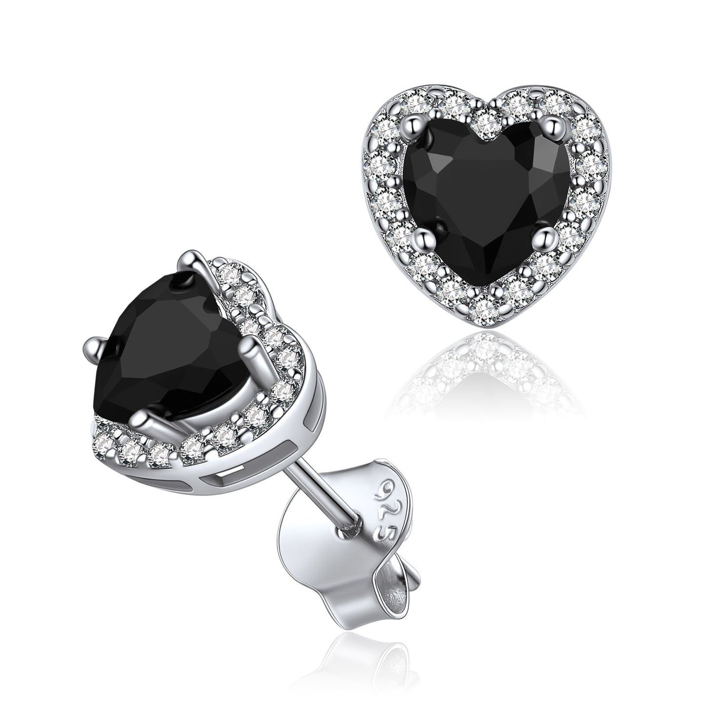 Boucles d'oreilles à tige en argent sterling avec zircone cubique noire et halo en forme de cœur