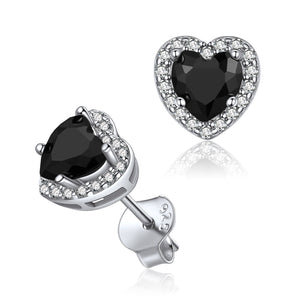 Sterling Silver Black Cubic Zirconia Heart Halo Stud Earrings