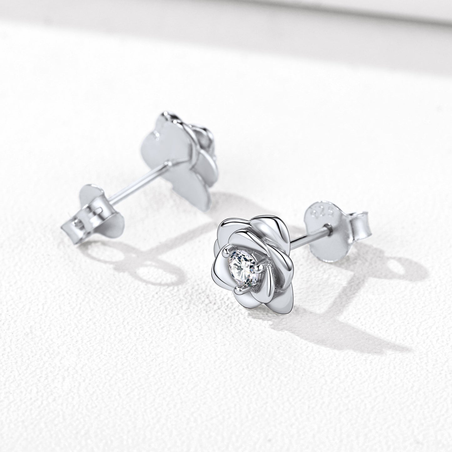 Sterling Silver Cubic Zirconia Rose Stud Earrings