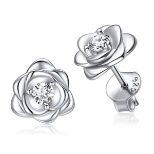 Sterling Silver Cubic Zirconia Rose Stud Earrings