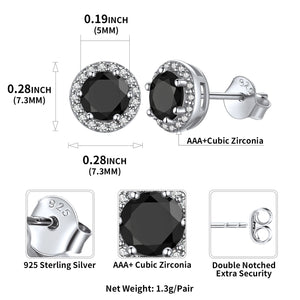 Boucles d'oreilles à tige en argent sterling avec halo rond et oxyde de zirconium noir