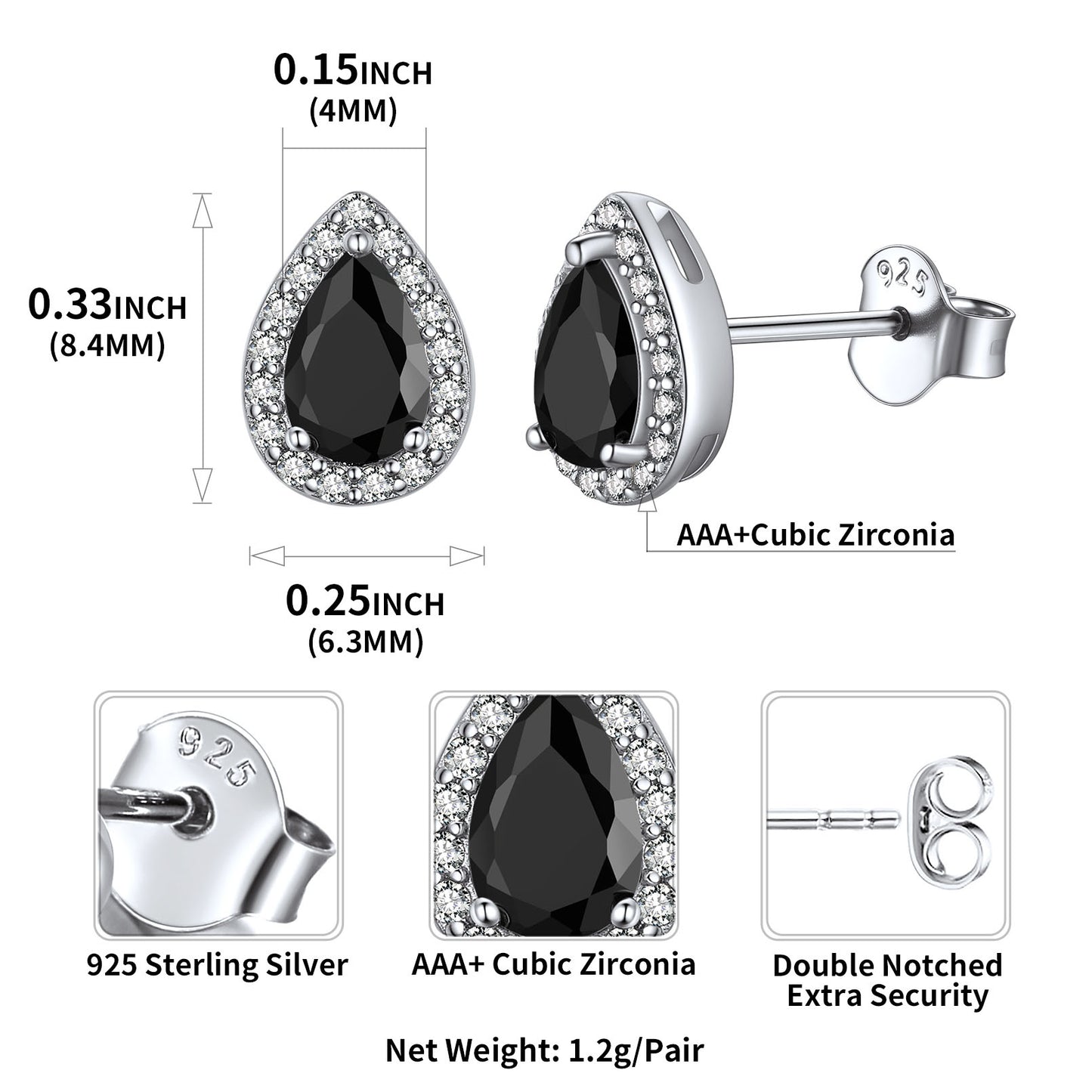 Sterling Silver Black Cubic Zirconia Teardrop Halo Stud Earrings