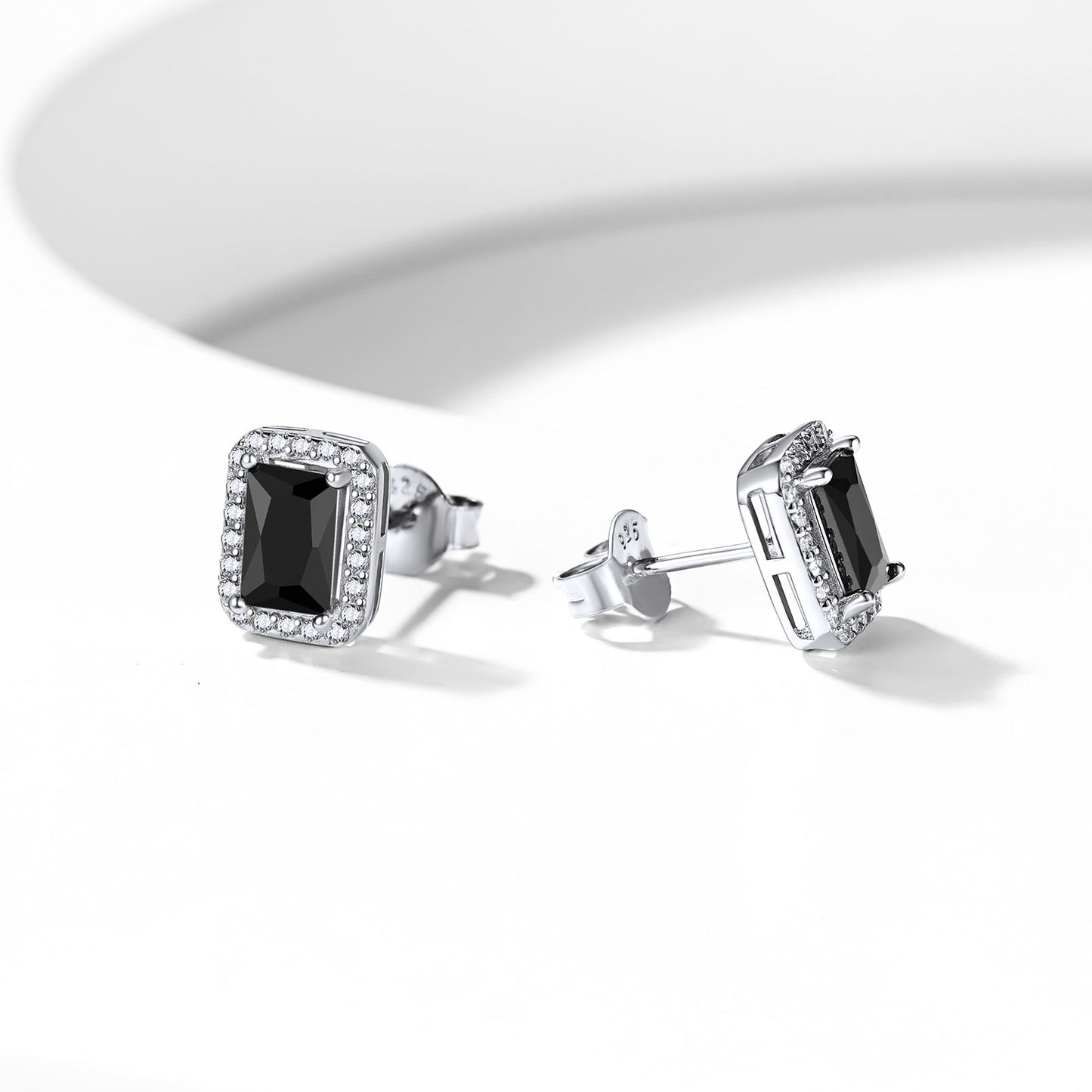 Sterling Silver Black Cubic Zirconia Square Halo Stud Earrings