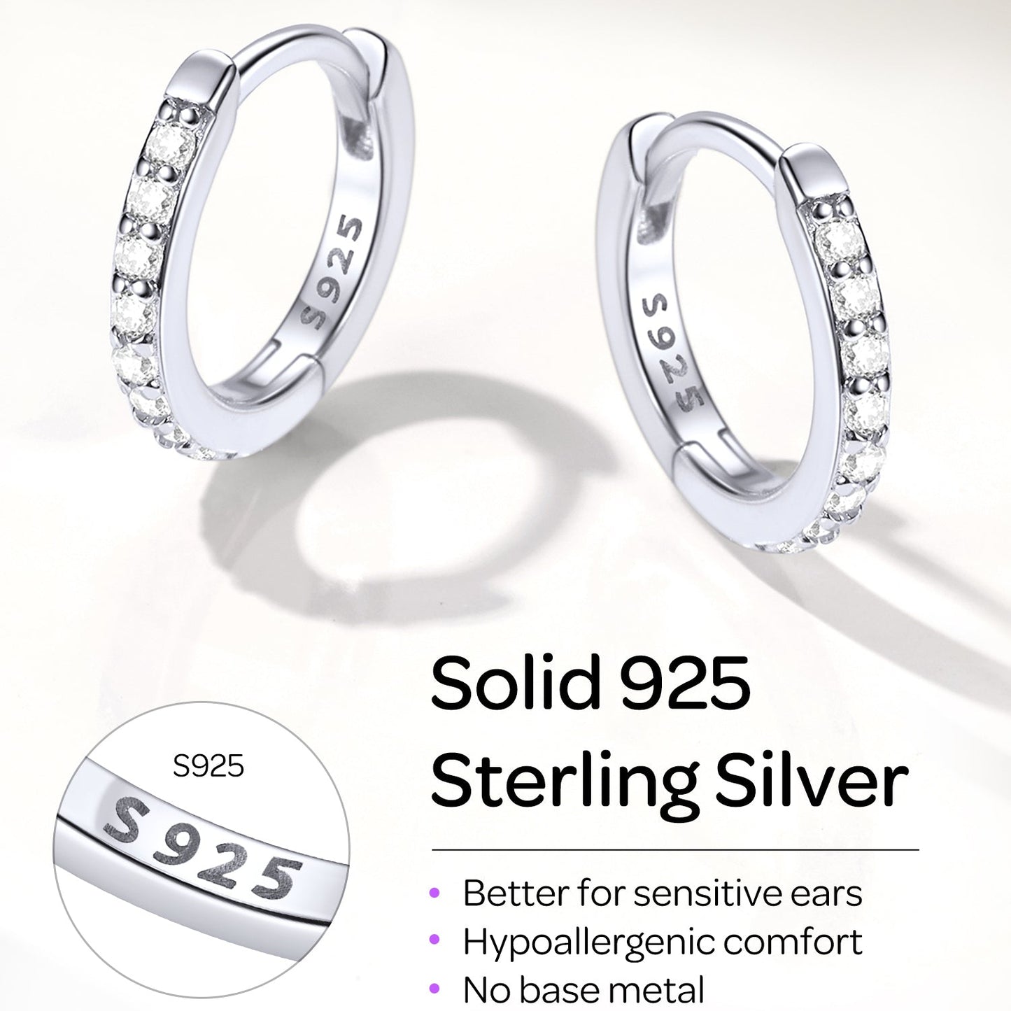 925 Sterling Silver Cubic Zirconia Huggie Earrings for Women