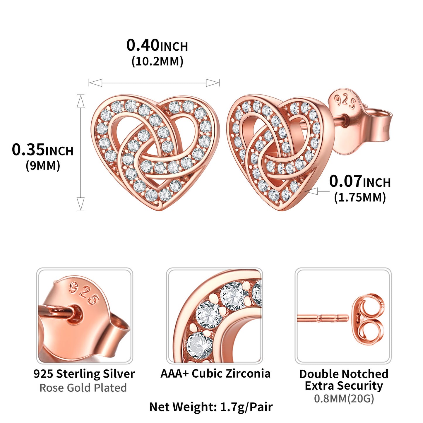 Boucles d'oreilles à tige en forme de cœur avec nœud celtique en argent sterling et oxyde de zirconium