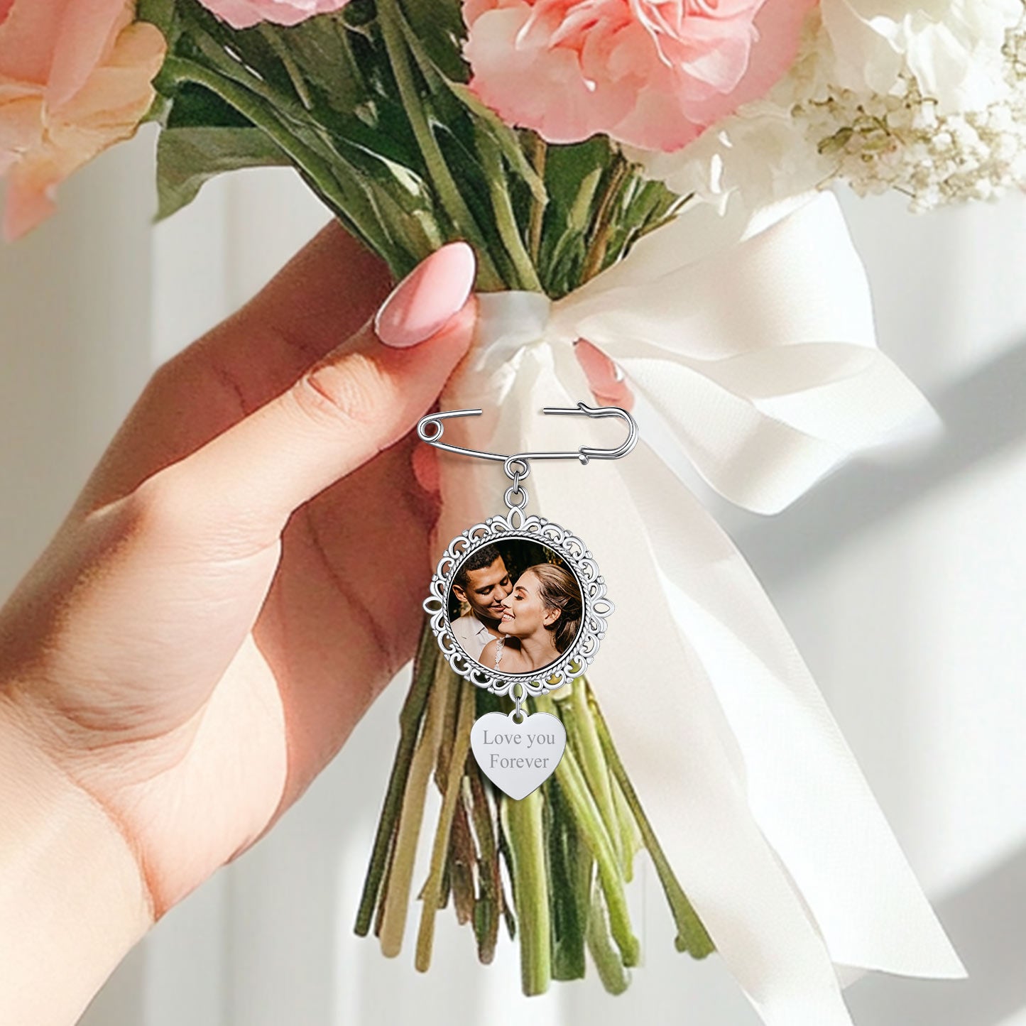 Personalized Wedding Bouquet Round Picture Charms Brooch Pins