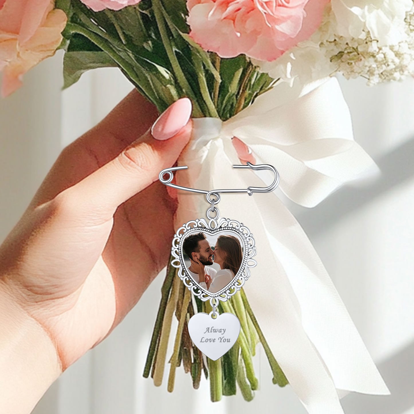 Personalized Wedding Bouquet Heart Picture Charms Brooch Pins