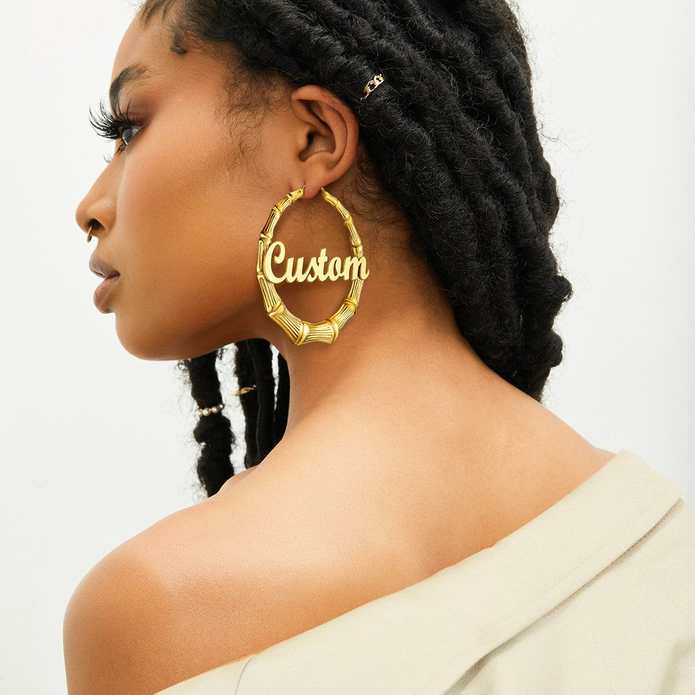 Custom Name Bamboo Hoop Earrings for Women