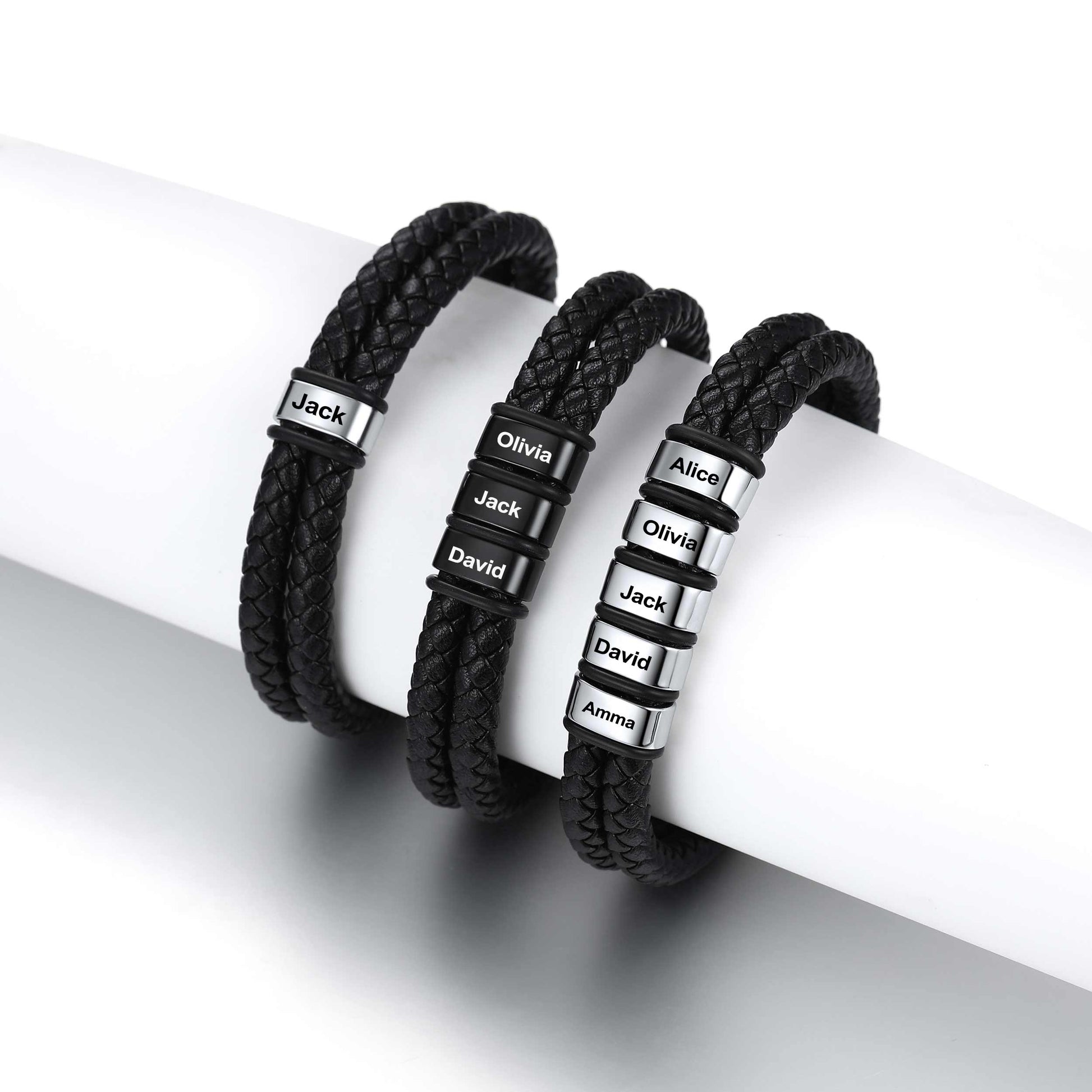 Personalized Braided Leather Bracelet with Name Beads