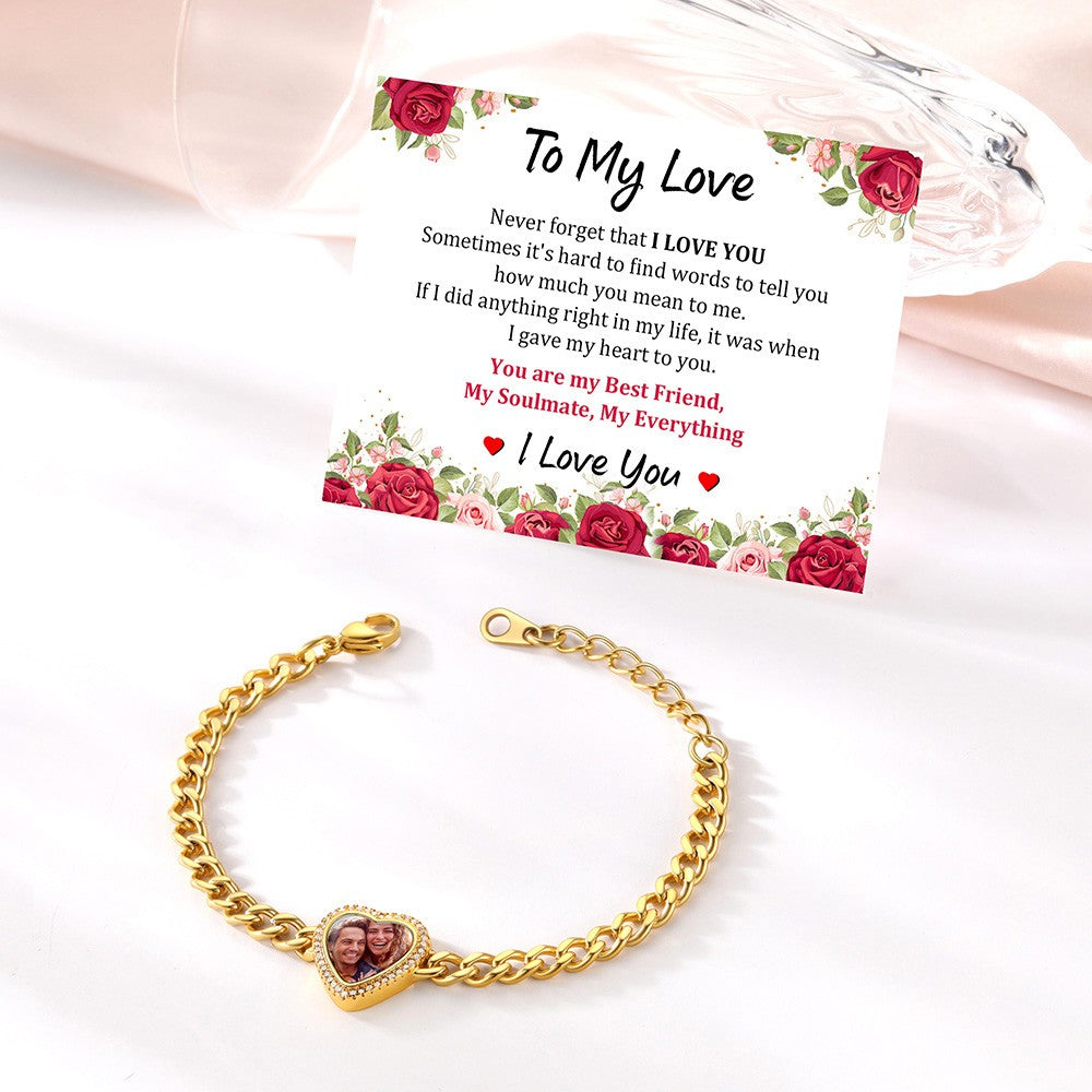 Personalized Heart Picture Cuban Chain Bracelet for Women