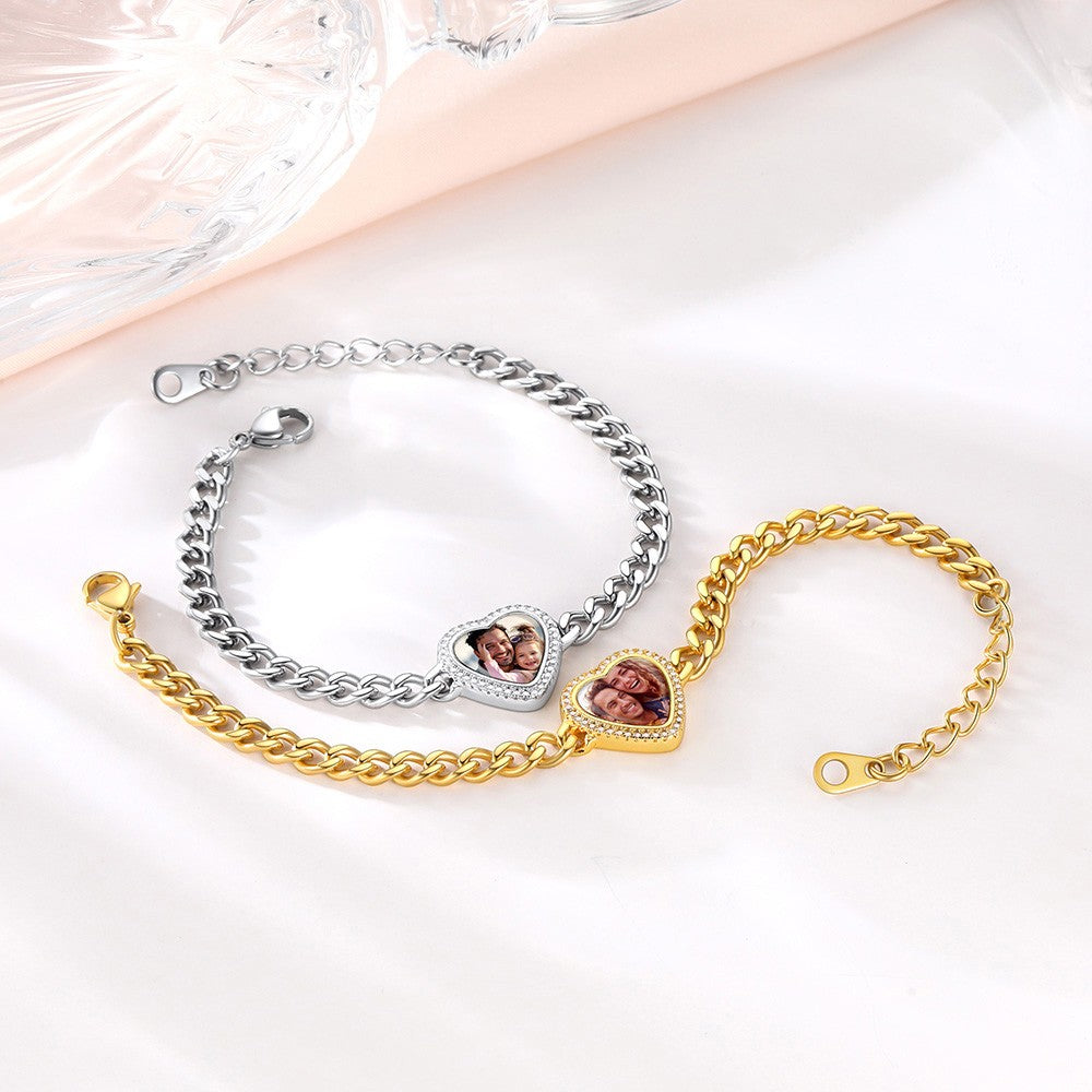 Personalized Heart Picture Cuban Chain Bracelet for Women