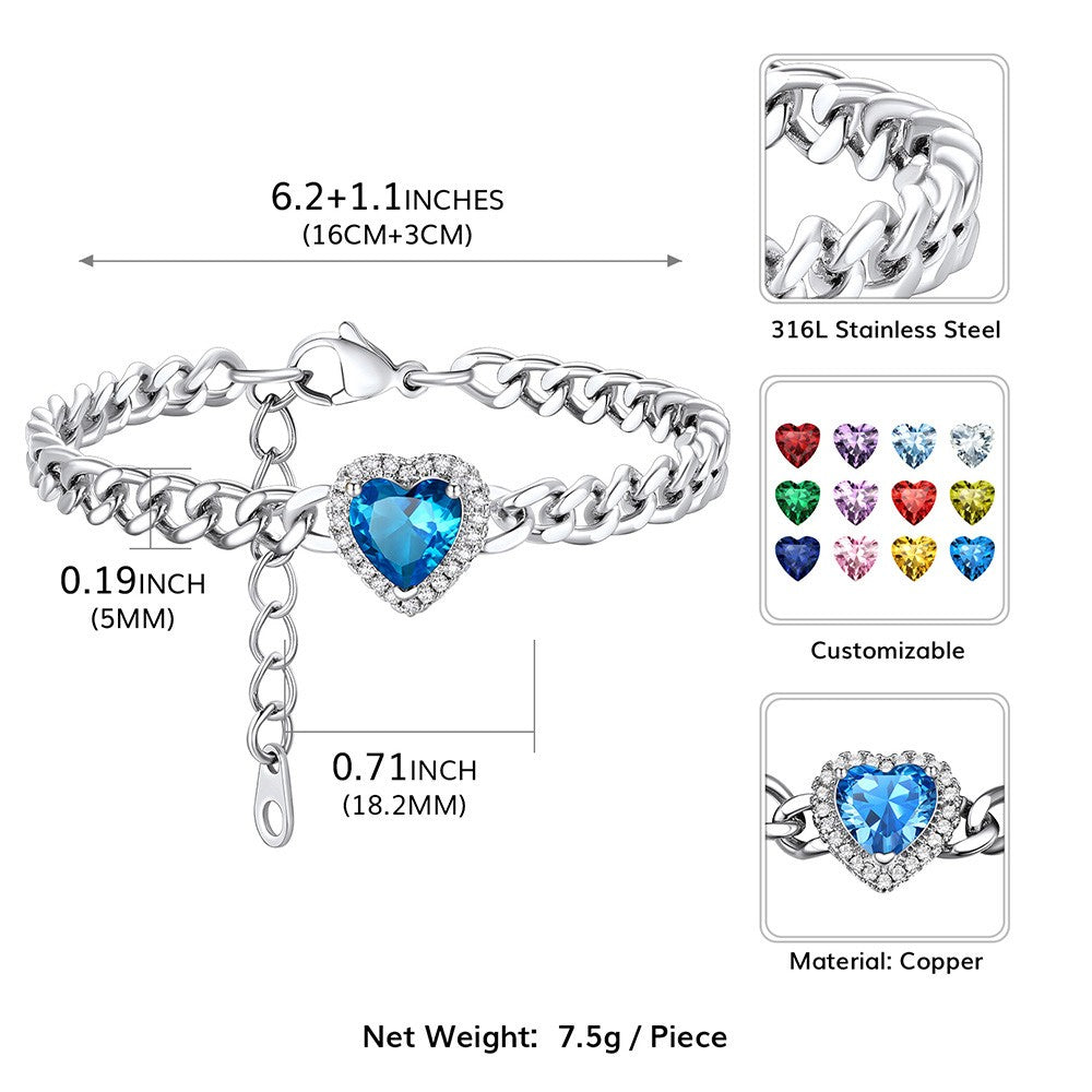 Personalized Halo Heart Birthstone Cuban Link Bracelet