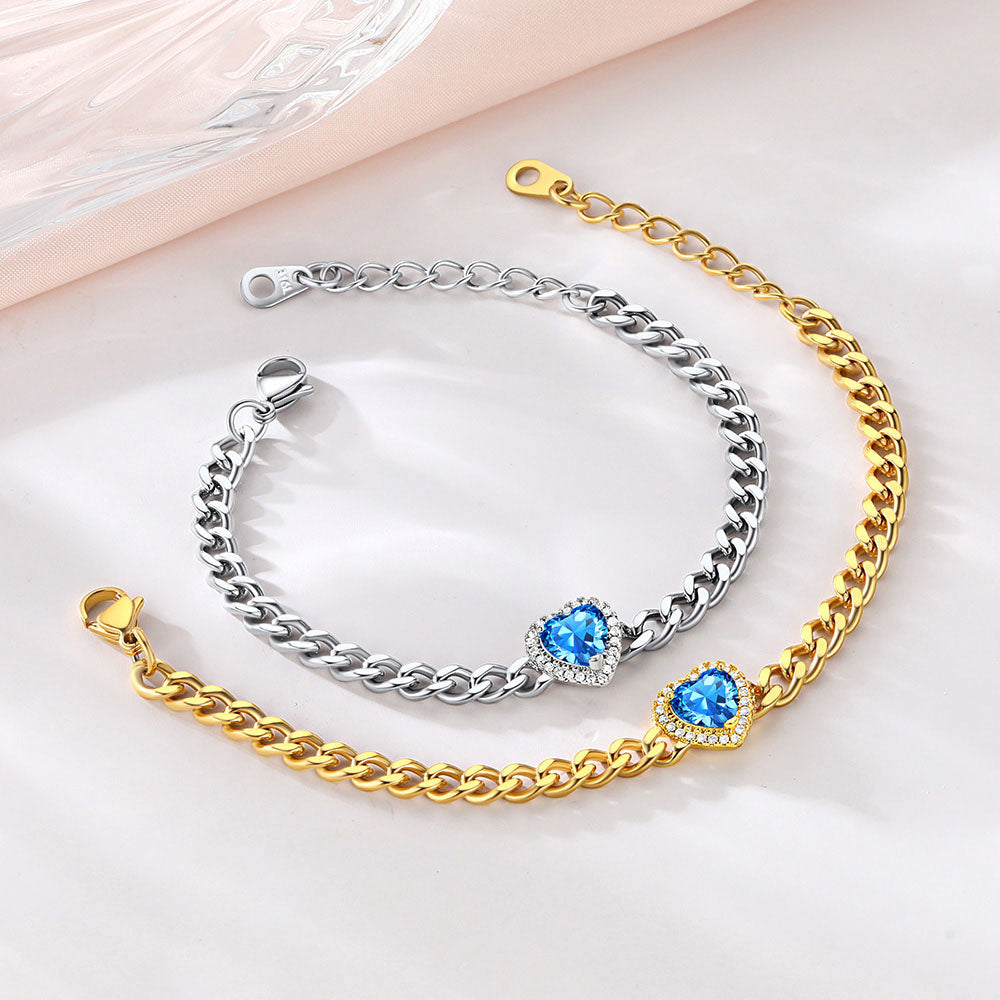 Personalized Halo Heart Birthstone Cuban Link Bracelet