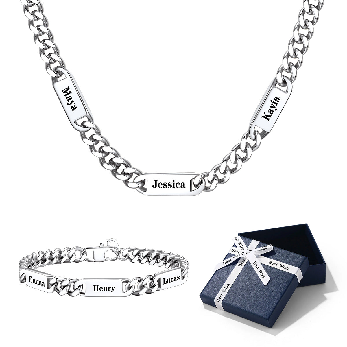 Personalized Name Cuban Chain Necklace and Bracelet Set 1–6 Names