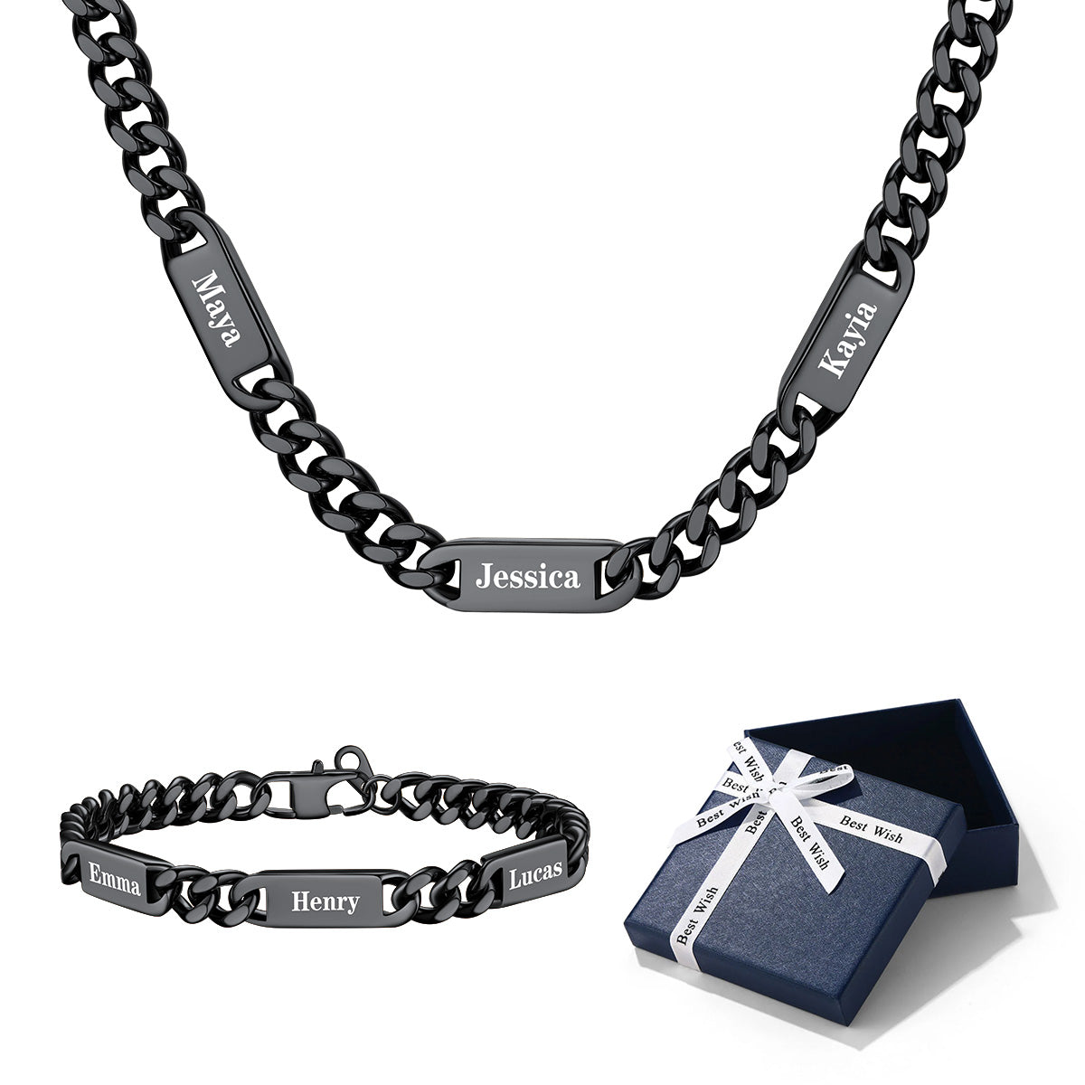 Personalized Name Cuban Chain Necklace and Bracelet Set 1–6 Names
