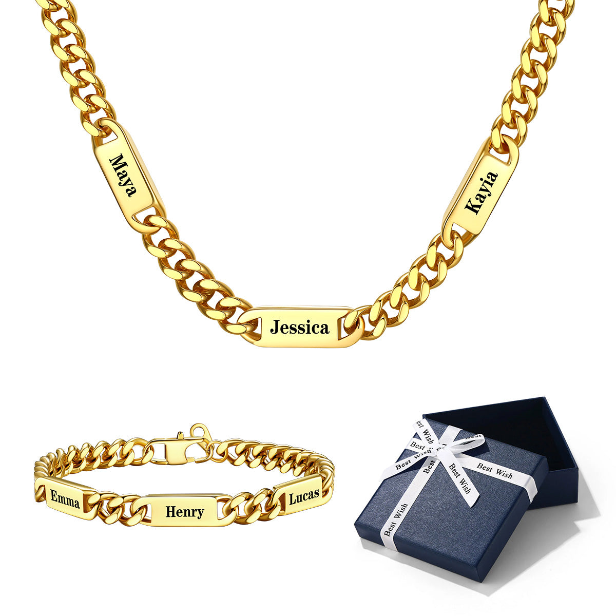 Personalized Name Cuban Chain Necklace and Bracelet Set 1–6 Names