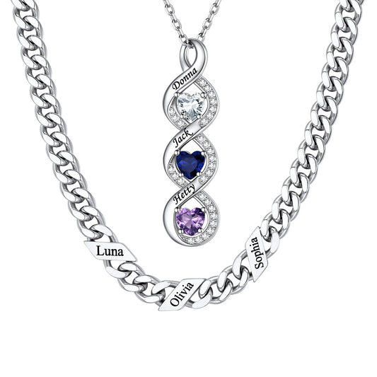 Custom Names Cuban Link Necklace Infinity Birthstone Necklace Set
