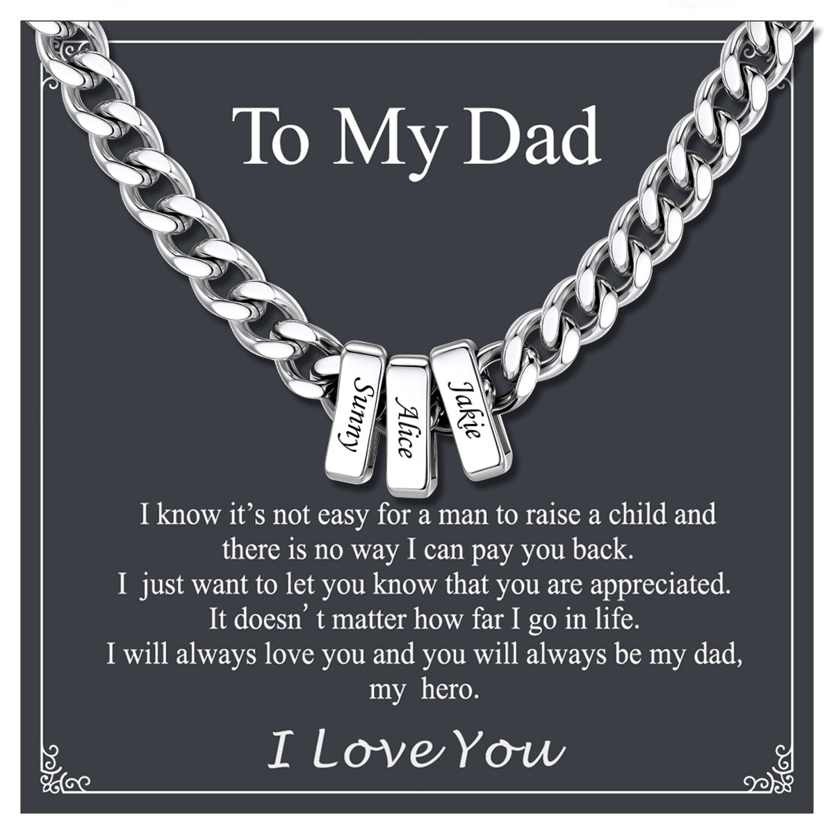 Silver chain necklace with name with gift card for dad