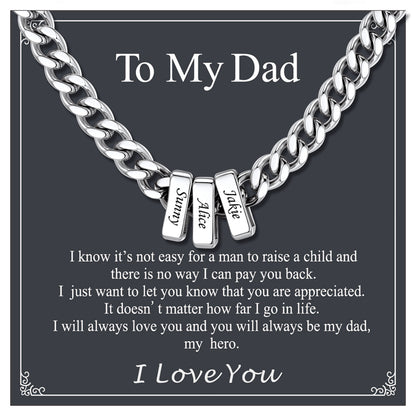Silver chain necklace with name with gift card for dad