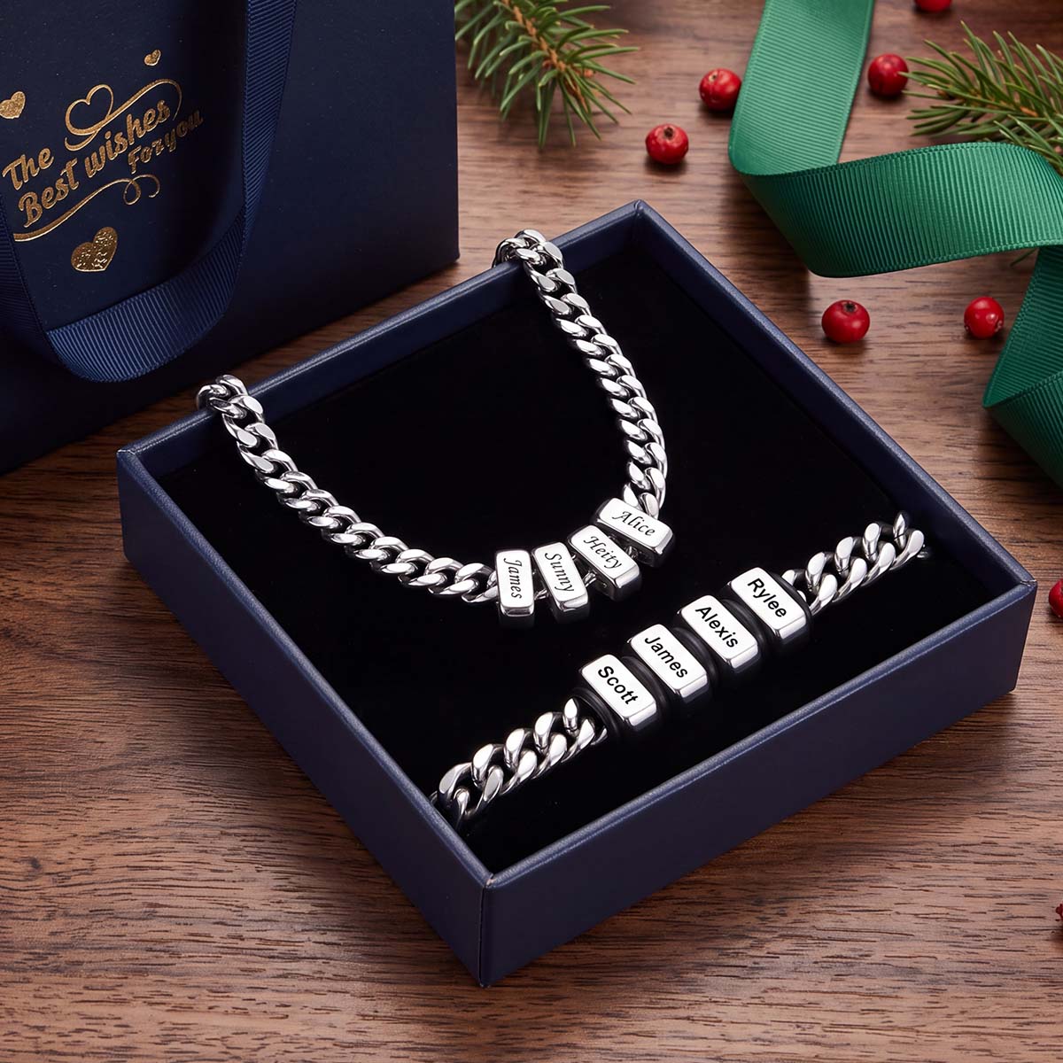 Custom Engraved Name Cuban Link Necklace and Bracelet Set