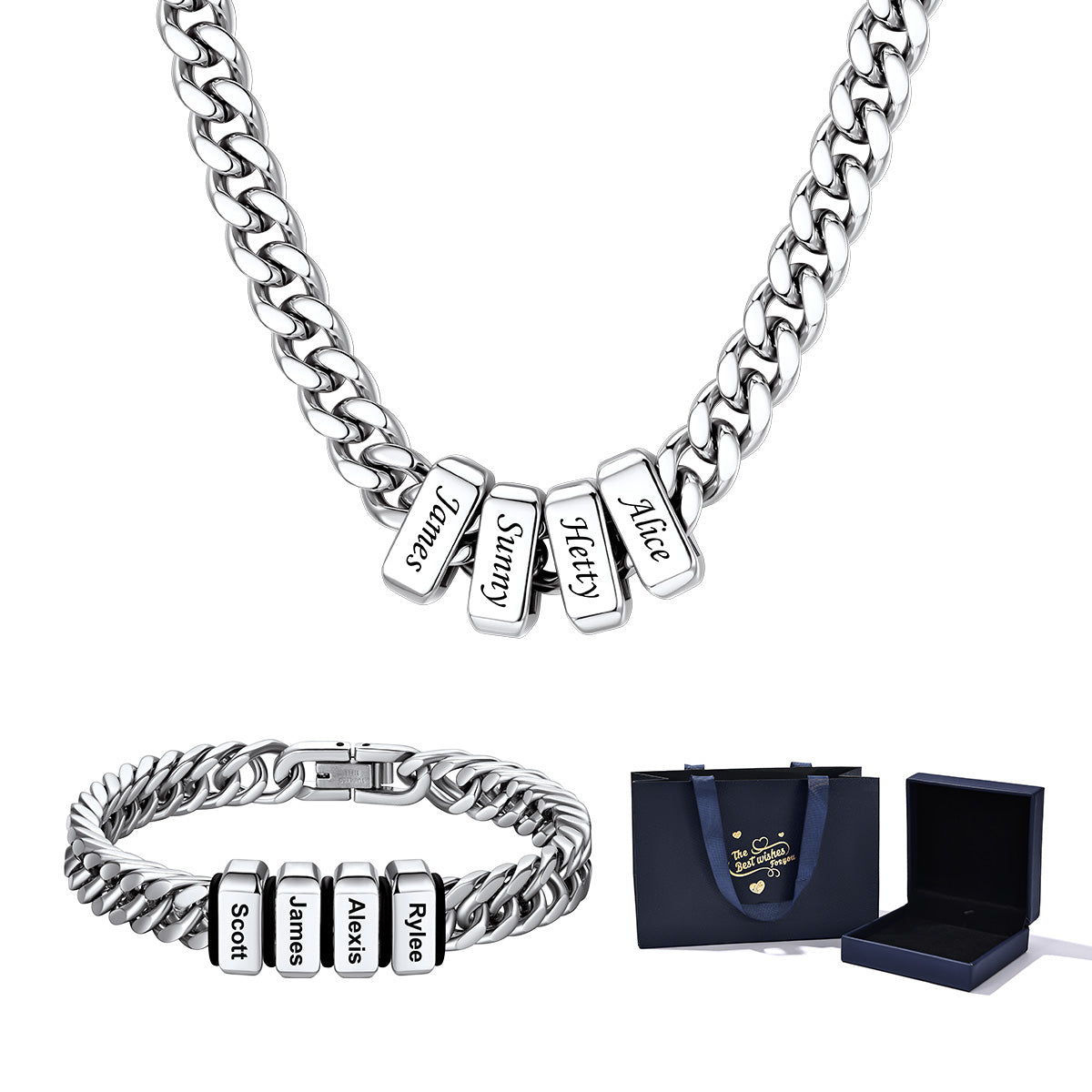 Custom Engraved Name Cuban Link Necklace and Bracelet Set