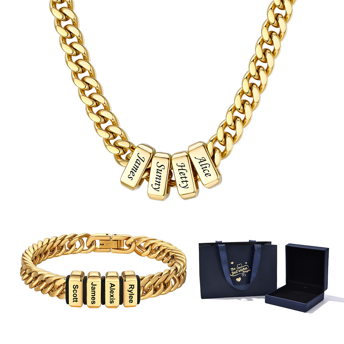 Custom Engraved Name Cuban Link Necklace and Bracelet Set
