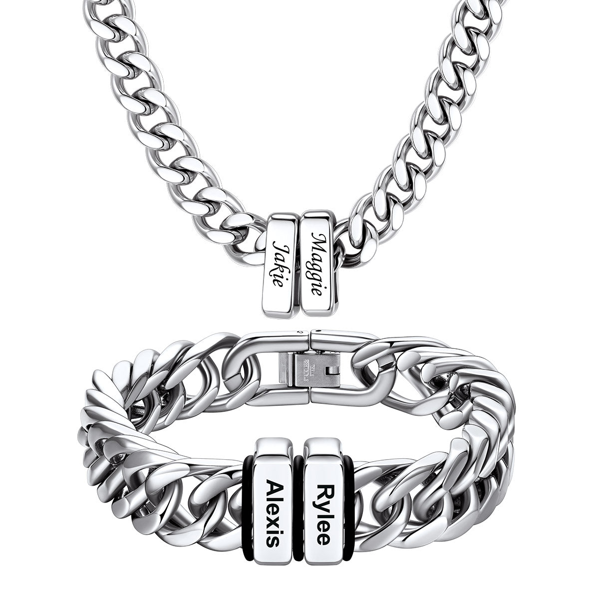 Custom Engraved  2 Names Cuban Link Necklace & Bracelet Set