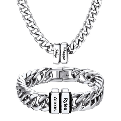 Custom Engraved  2 Names Cuban Link Necklace & Bracelet Set