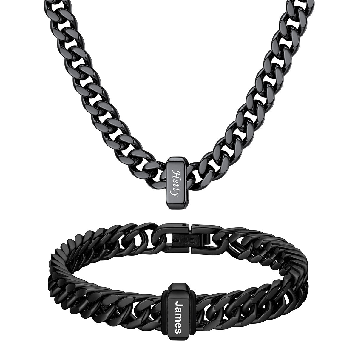 Custom Engraved 1 Name Cuban Link Necklace & Bracelet Set Black Plated