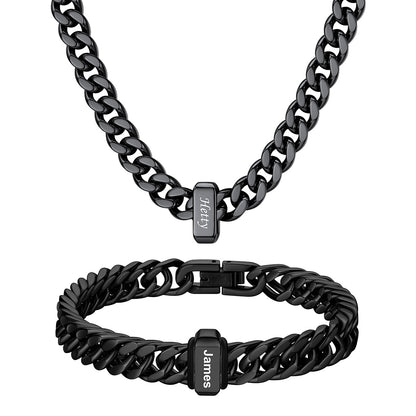 Custom Engraved 1 Name Cuban Link Necklace & Bracelet Set Black Plated