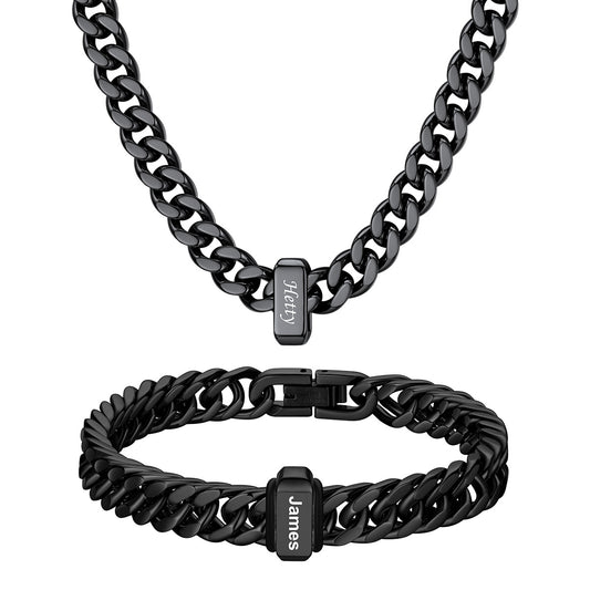 Custom Engraved 1 Name Cuban Link Necklace & Bracelet Set Black Plated