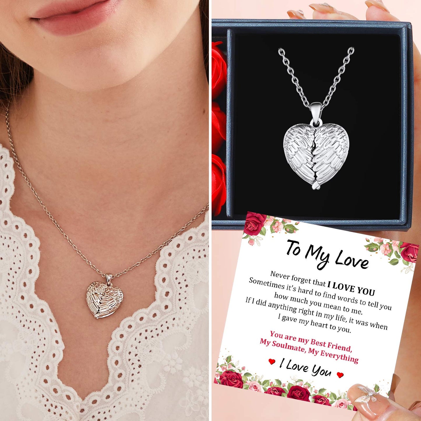 Customized Heart Picture Necklace Angel Wings Locket
