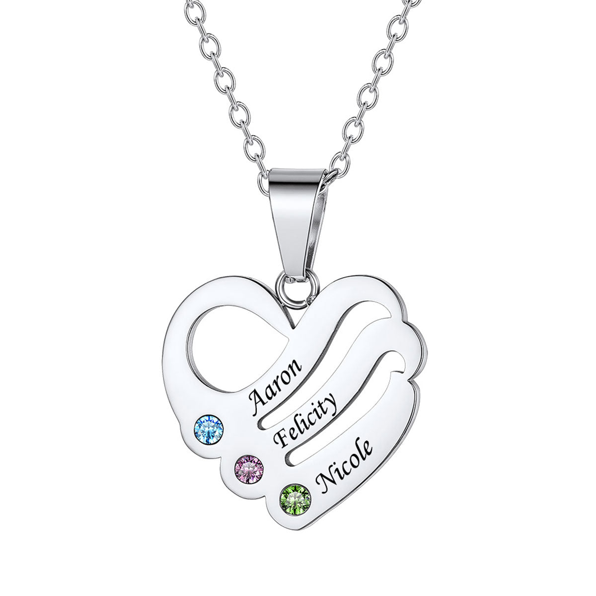 Sterling Silver Custom Heart Necklace With Name And Birthstone