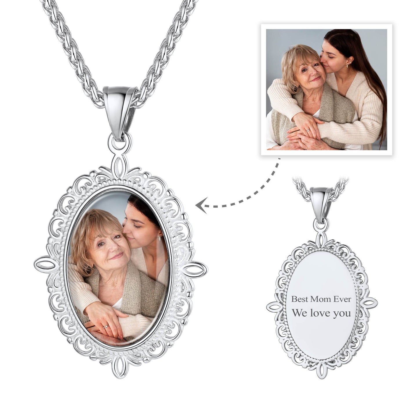 Personalized Oval Picture Necklace with Message Engraved On