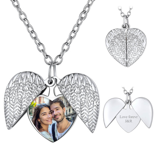 Collier avec image personnalisée, ailes d'ange, médaillon en forme de cœur 