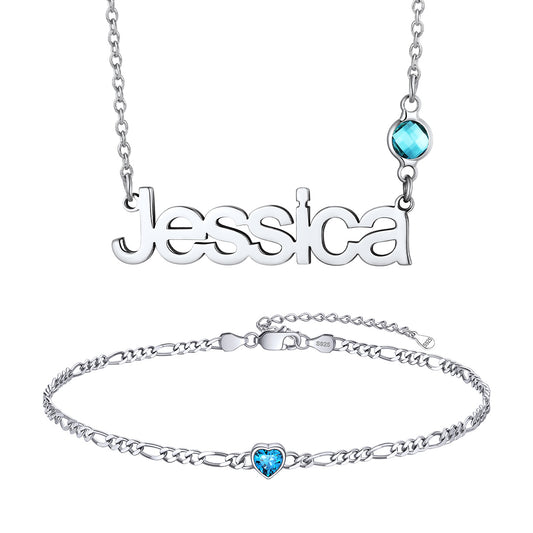 Personalized Name Birthstone Necklace and Cuban Chain Anklet Set
