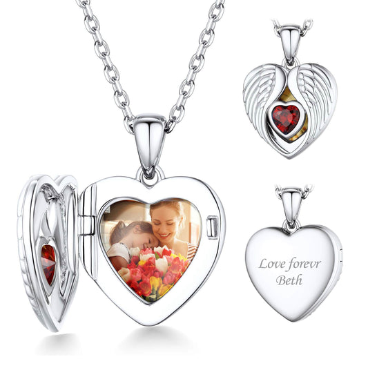 Sterling Silver Photo Necklace Angel Wings Heart Birthstone Locket