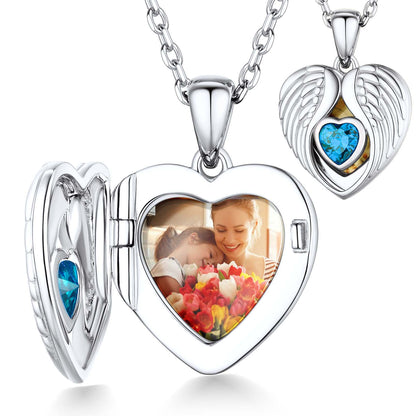 Sterling Silver Photo Necklace Angel Wings Heart Birthstone Locket