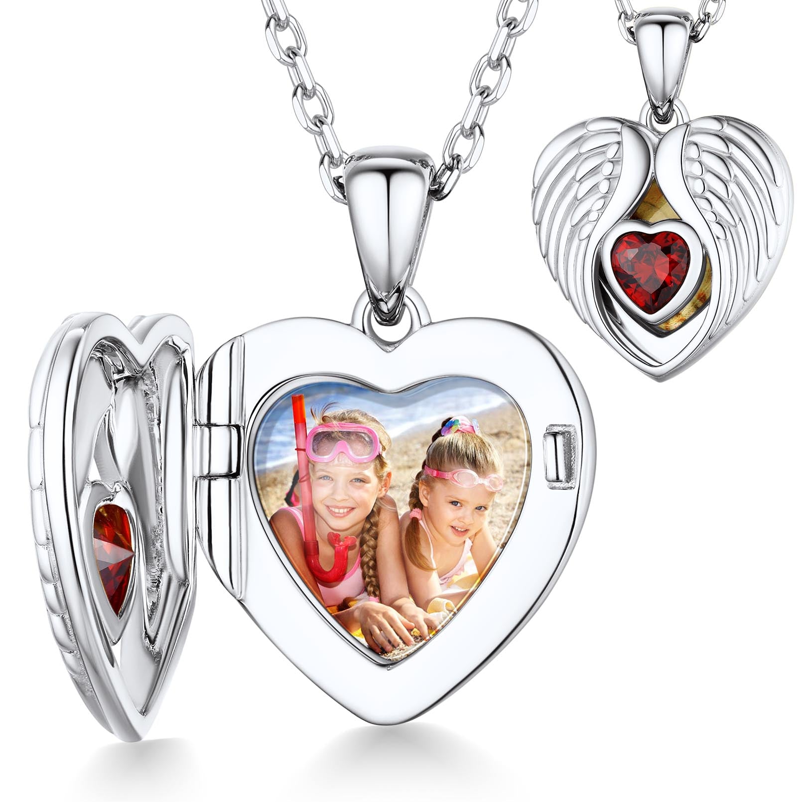 Sterling Silver Photo Necklace Angel Wings Heart Birthstone Locket