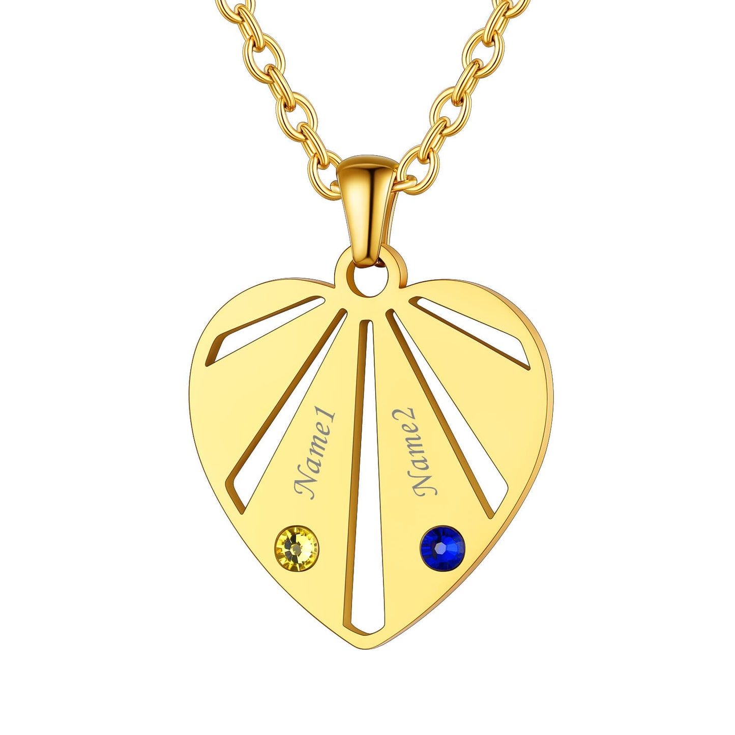 Personalized Engraved Heart Birthstone Necklace gold 2 stones