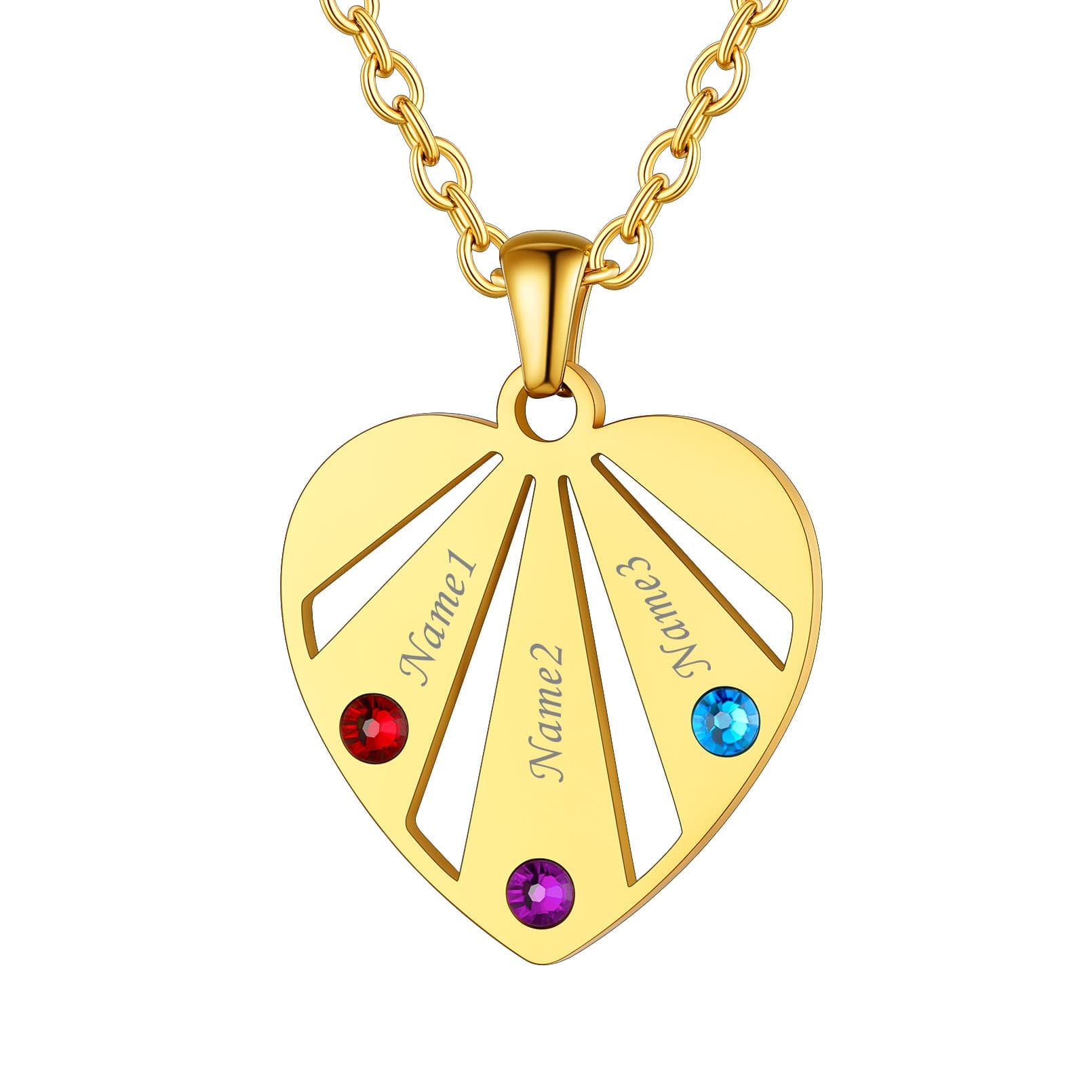 Personalized Engraved Heart Birthstone Necklace gold 3 stones