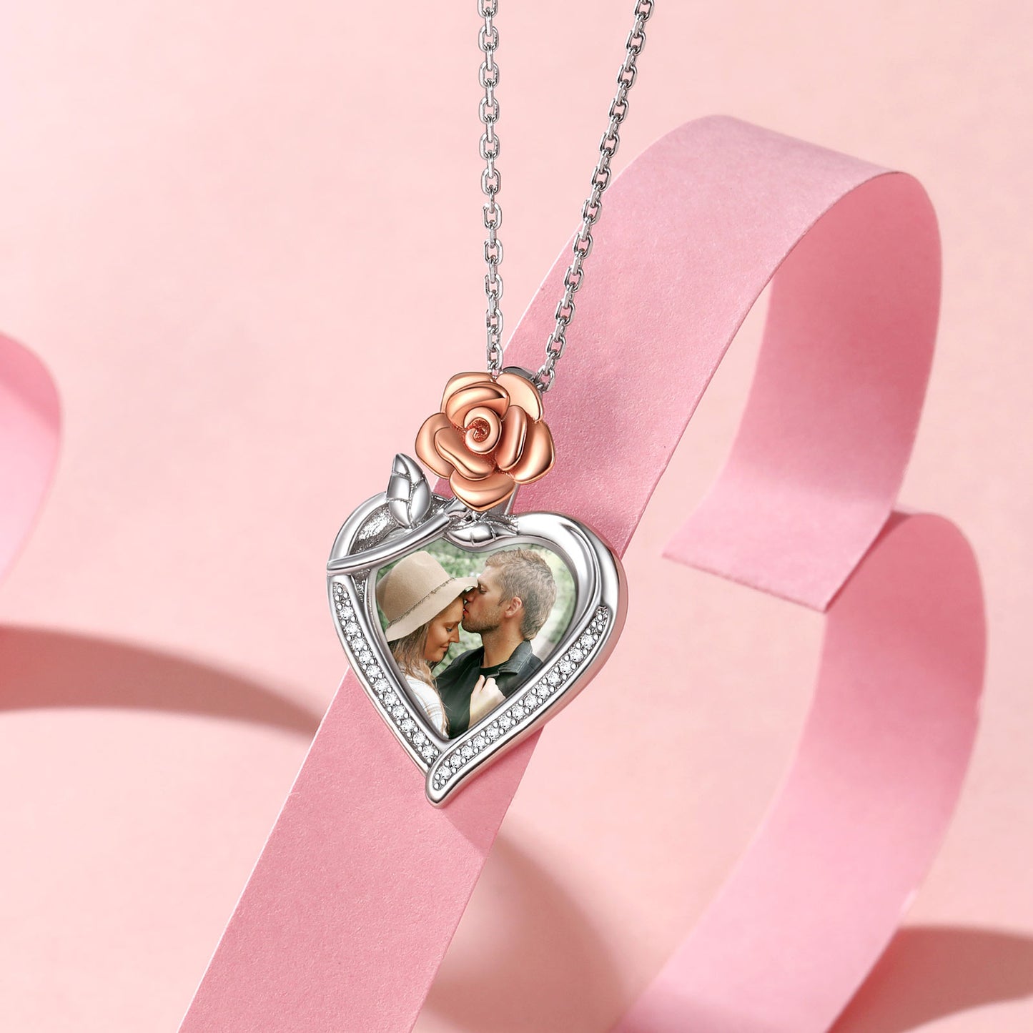 Personalized Heart Photo Necklace With Rose