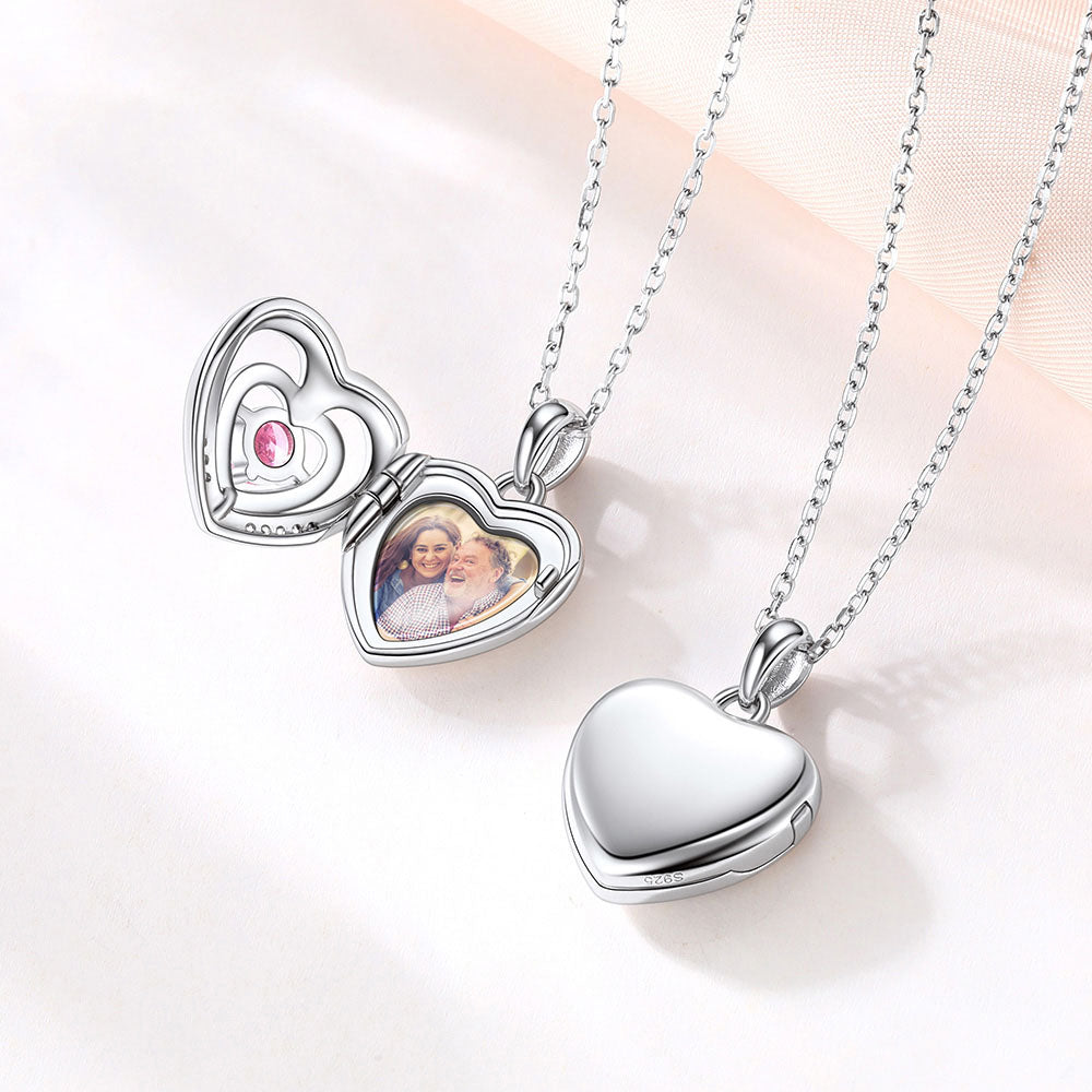 Personalized Birthstone Heart Photo Locket Necklace in Sterling Silver