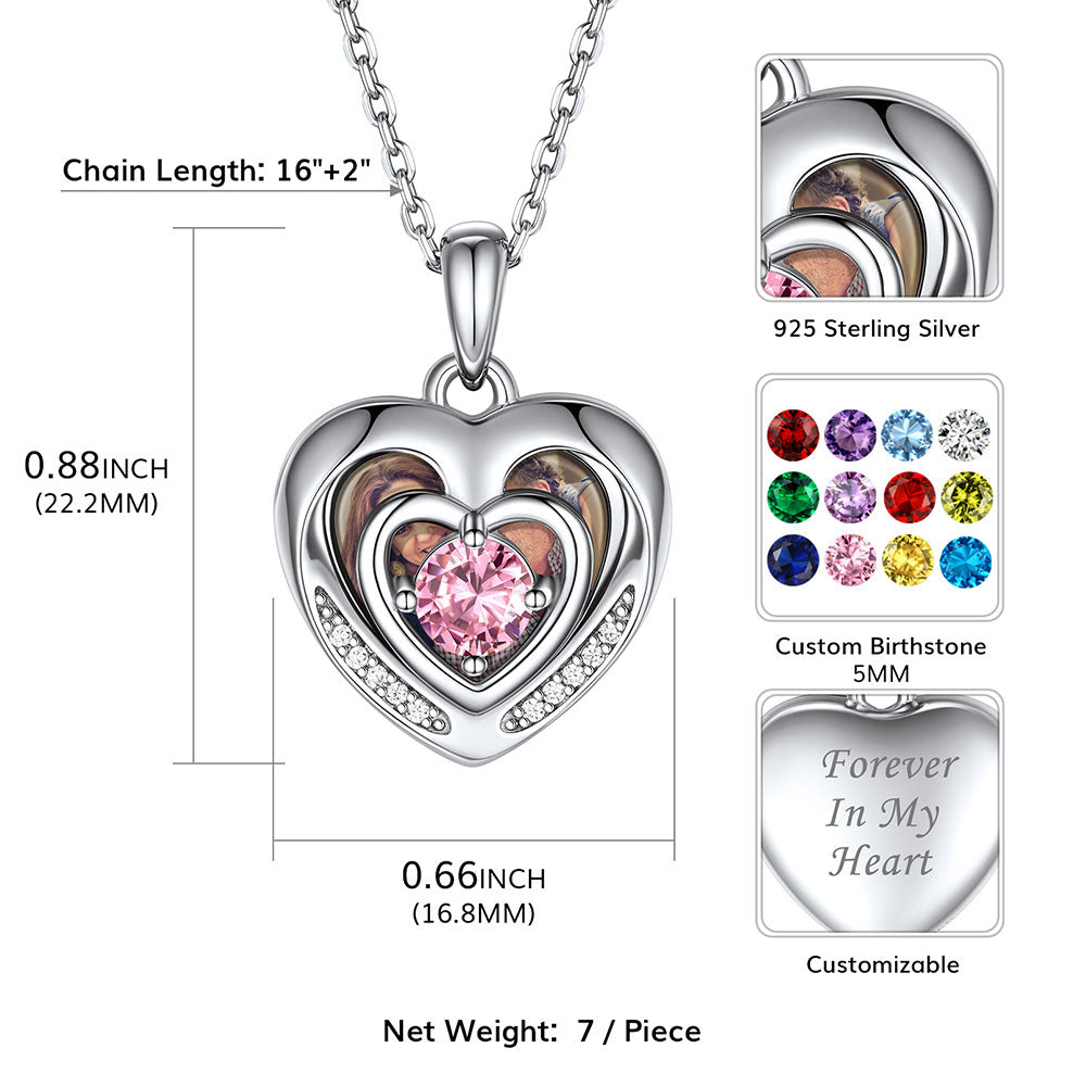 Personalized Birthstone Heart Photo Locket Necklace in Sterling Silver