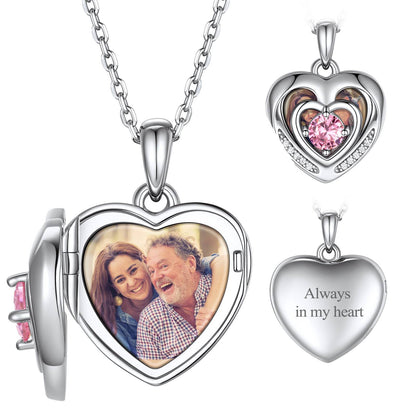 Personalized Birthstone Heart Photo Locket Necklace in Sterling Silver